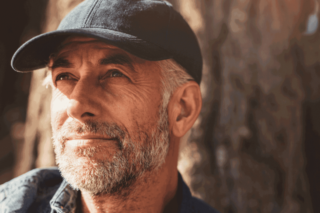 a rugged older man in a baseball hat and beard looks out