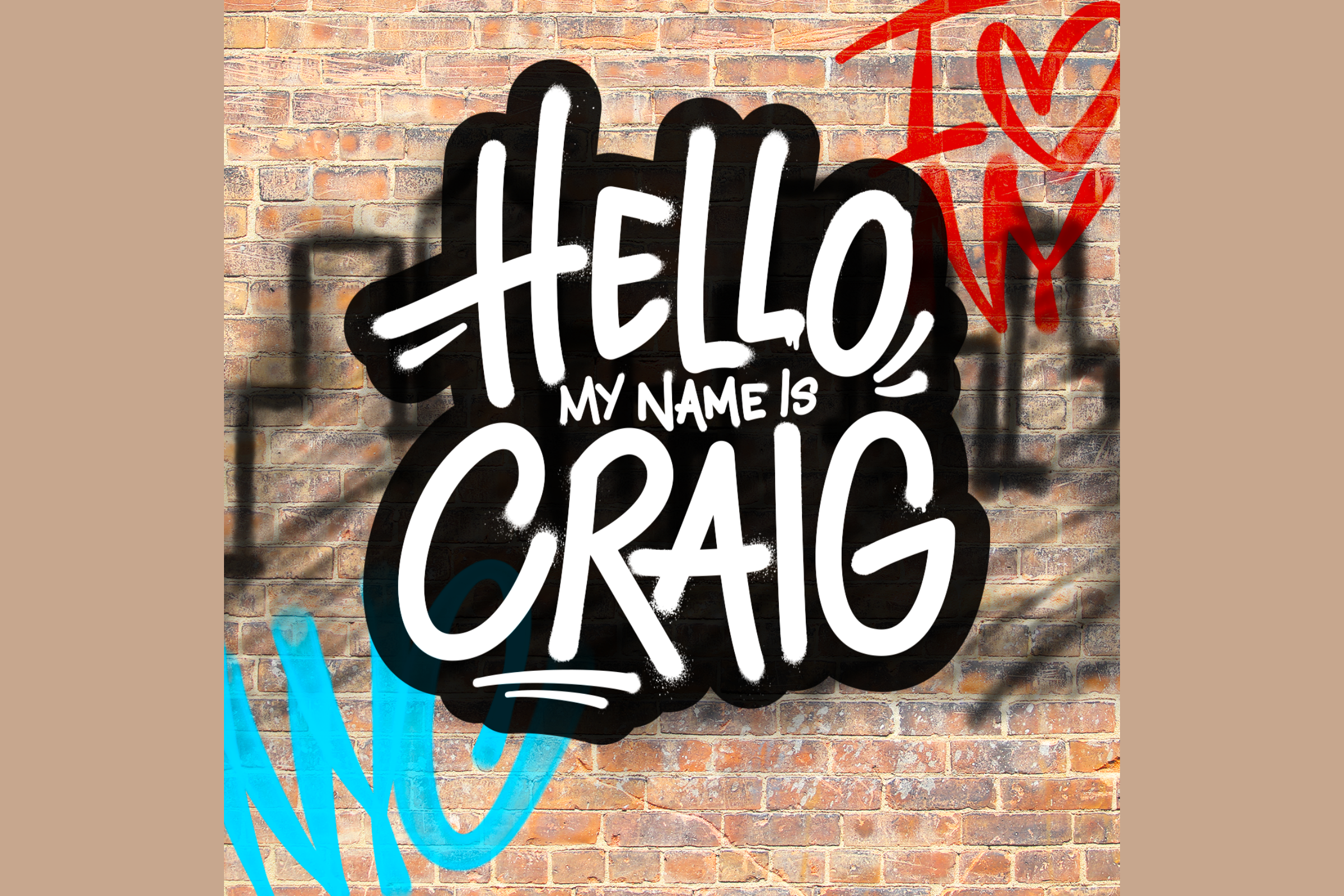 hello, my name is craig logo in front of a brick wall with graffiti