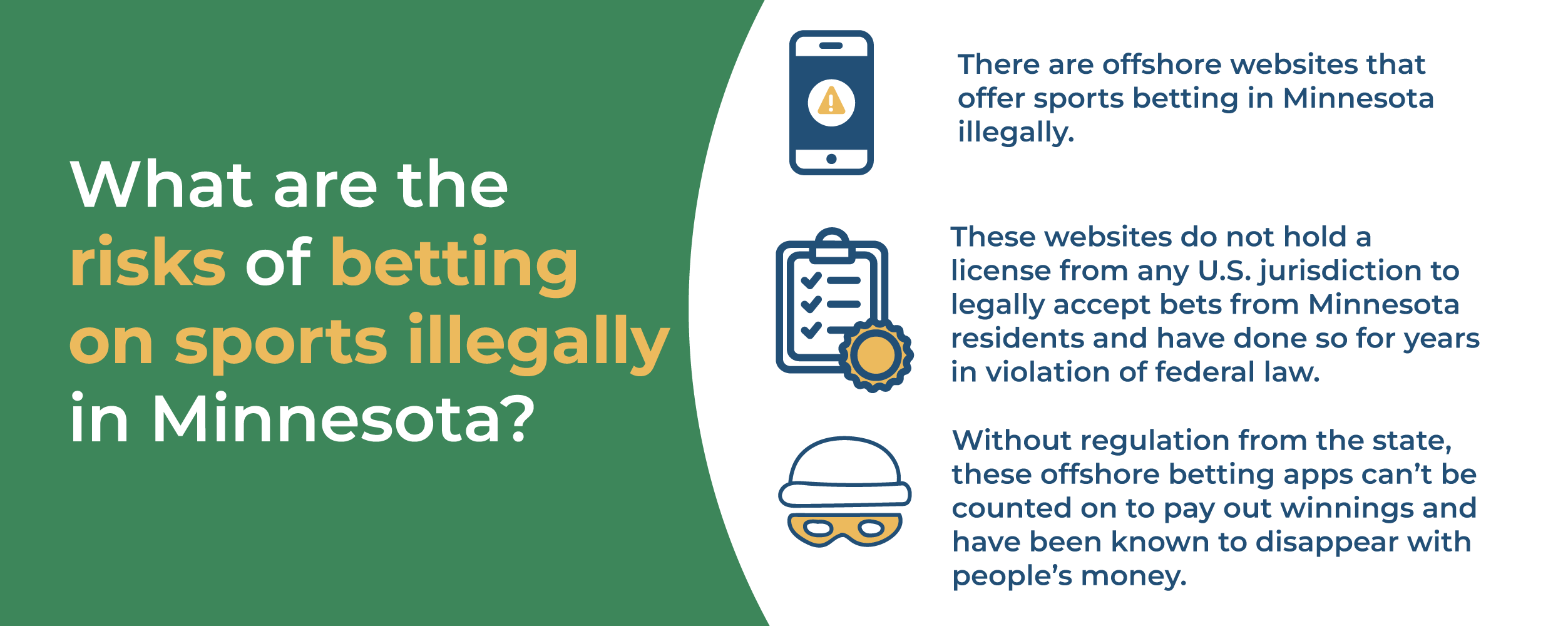 What are the risks of betting on sports illegally in Minnesota? There are offshore websites that offer sports betting in Minnesota illegally. These websites do not hold a license from any U.S jurisdiction to legally accept bets from residents and have done so for years in violation of federal law. Without regulation from the state, these offshore betting apps can’t be counted on to pay out winnings and have been known to disappear with people’s money.