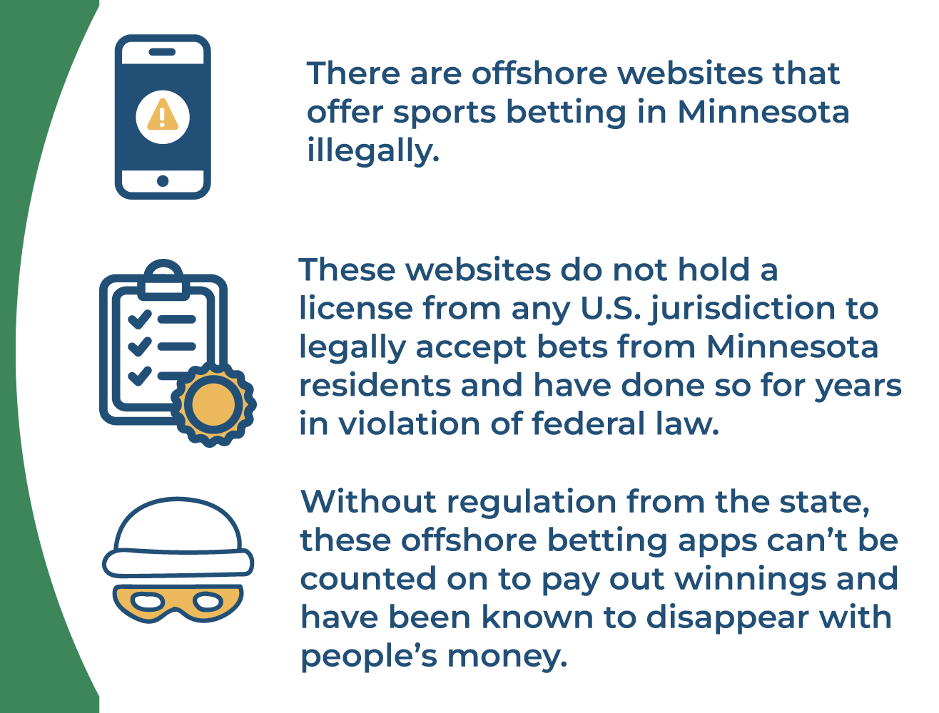 There are offshore websites that offer sports betting in Minnesota illegally. These websites do not hold a license from any U.S jurisdiction to legally accept bets from residents and have done so for years in violation of federal law. Without regulation from the state, these offshore betting apps can’t be counted on to pay out winnings and have been known to disappear with people’s money.